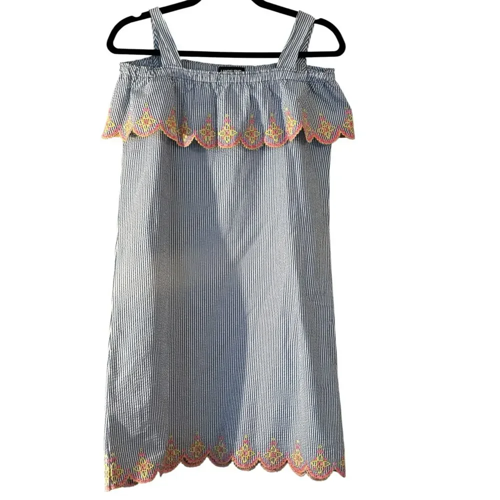 Lands End Girls Seersucker Summer Dress Girls 16 Scalloped Edges 100% Cotton